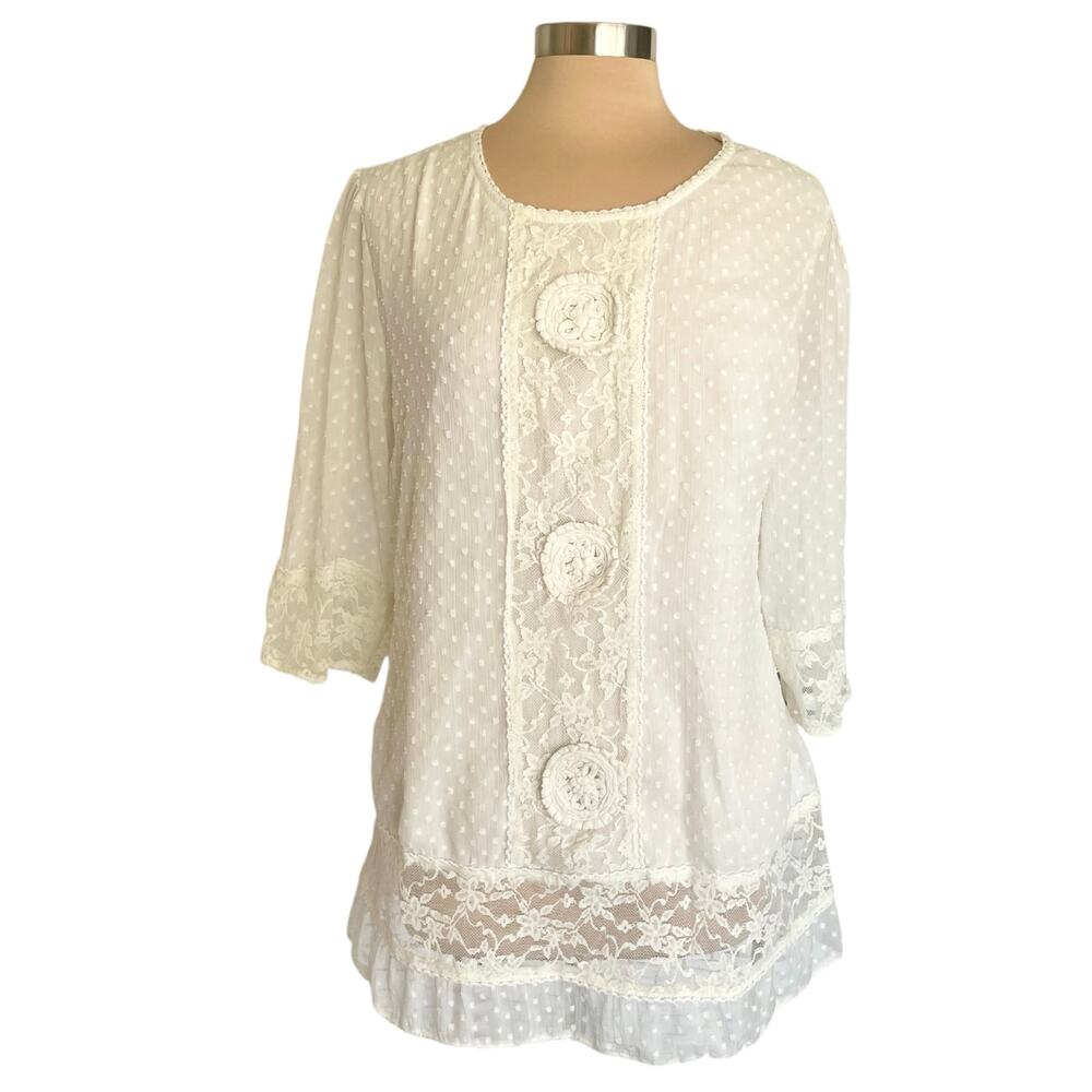 Frock & Frill Swiss Dot Lace Medallion Embellished Tunic Top‎ Sz 12 Boho Cottage